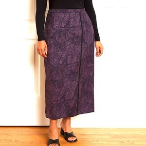 Talbots Wrap Skirt Purple and Black Microsuede Floral Print Size 6